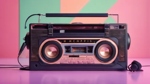radio cassette with headphones, Neo-Memphis style, blender style, model, nice background, smooth, warm light, pastel colors, blurred background