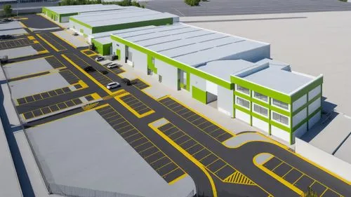 “Render arquitectónico de un complejo industrial moderno que incluye bodegas con techos de lámina metálica blanca y fachadas con detalles en verde y negro. El diseño presenta amplios espacios para est
