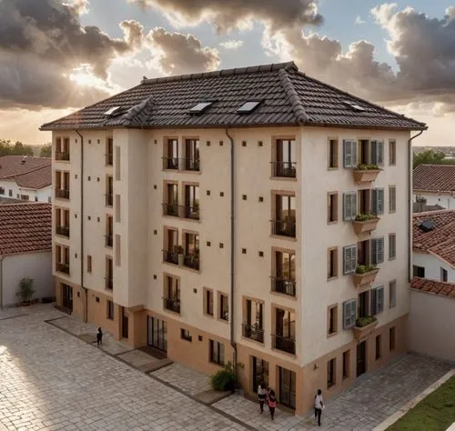 a photo realistic render of a HOSTEL, CLASSIC RESIDENTIAL DESIGN, BEIGE WALL PAINT, THREE SHADES OF BROWN PAINT, BRIGHT SKY WITH DARK AFTERRAIN CLOUDS, FRONT BALCONY IS MADE OF BROWN BRICKS, STUDNETS 