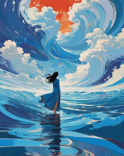a woman that is standing in the water, by Li Song, digital art, harmony of swirly clouds, style of kilian Eng, cover photo portrait of du juan, trending at cgstation, waves, under blue clouds, finely 