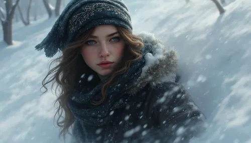 A detailed digital illustration of a woman's captivating presence: a figure in black, her body unafraid by an intricate bandana. Her ethereal presence is hidden among a snow-covered expanse, adding my