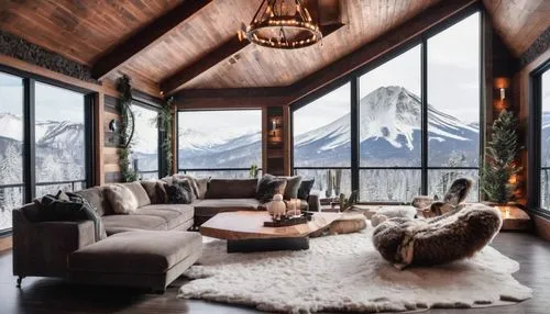 Modern mountain home interior design, luxurious living room, floor-to-ceiling windows, panoramic view of snow-capped mountains, wooden beam ceiling, stone fireplace, comfortable sectional sofa, faux f
