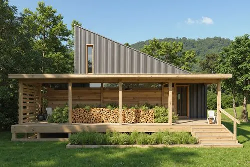 A minimalist wooden cabin with a slanted roof, corrugated metal siding, and a wood storage area, surrounded by lush greenery and a serene forest environment.,there are some logs stacked next to a shed