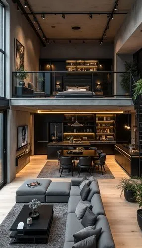 A modern industrial loft with an open-plan design, featuring a double-height living space with floor-to-ceiling windows that flood the interior with natural light, the lower level includes a spacious 