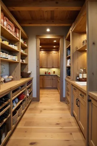 Rustic pantry with a warm and organized design, featuring natural wooden shelves lined with jars, baskets, and pantry staples. The floor is made of natural wood planks, and the ceiling has exposed woo