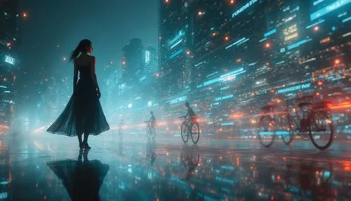 An ethereal, surreal scene: a woman, clad in a sleek black and silver blend, her eyes fixed on a breathtaking digital exhibit. Her sleek and sophisticated outfit, adorned in black and silver, shows th