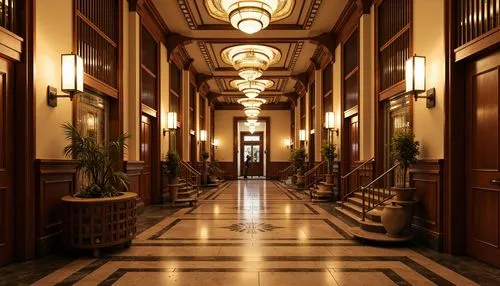 Grand art deco school hallways, ornate chandeliers, sconce lighting, geometric patterns, metallic finishes, luxurious textiles, polished marble floors, curved staircases, decorative metal railings, vi