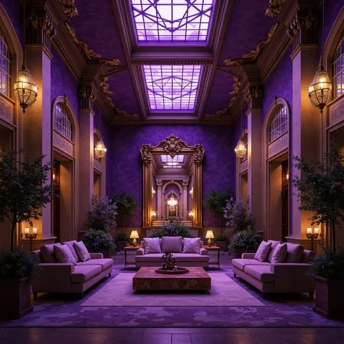 Luxurious amethyst accents, rich purple hues, velvety soft textures, ornate gold frames, lavish crystal chandeliers, regal purple walls, opulent furnishings, majestic architectural details, intricate 