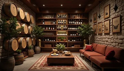 Luxurious wine cellar, rich wood tones, stone walls, dimmed lighting, rustic wooden crates, elegant wine barrels, sophisticated glassware, leather-bound tomes, vintage wine bottles, ornate metal racks