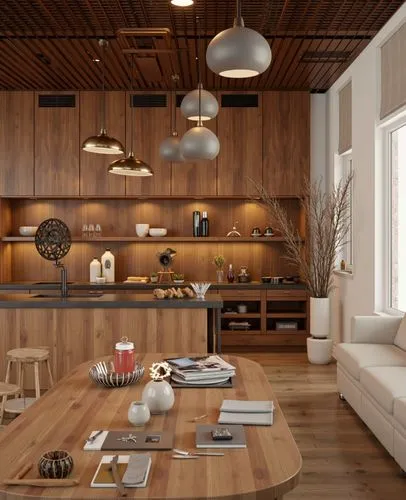 A modern kitchen with warm wooden tones, featuring an open layout and a sleek design. The space includes pendant lights with metallic finishes, a long wooden dining table decorated with books, glasses