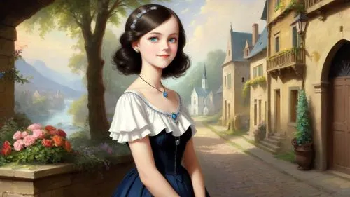Romantic masterpiece oil painting, cute girl portrait, nostalgic 1950's style kitsch, traditional woman, tradwife, beautiful European cityscape, epic vast kingdom scenery, Victorian era aesthetic, by 