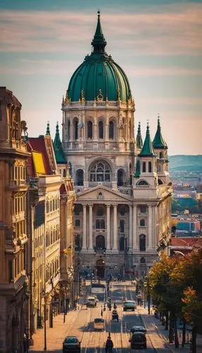 Budapest Hungary architecture, grandiose parliament building, Gothic Revival style, intricate stone carvings, stunning dome, ornate decorations, vibrant Hungarian flag, scenic Danube River, picturesqu