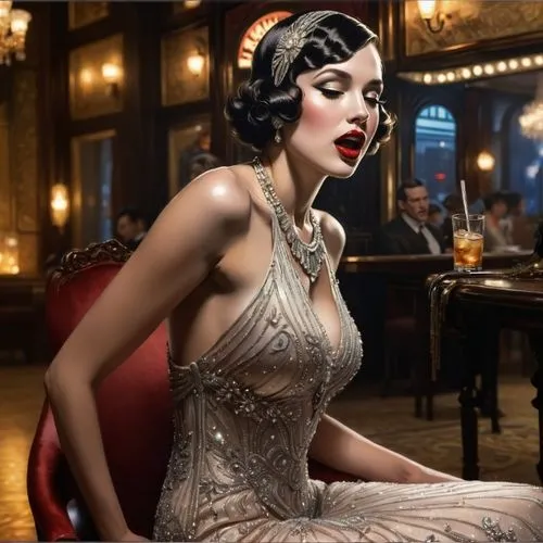 a painting of a beautiful woman in a dress and wearing a tiara with diamond jewelry,art deco woman,roaring 20's,evening dress,speakeasy,cabaret,vintage woman,roaring twenties,flapper,baccarat,vintage 