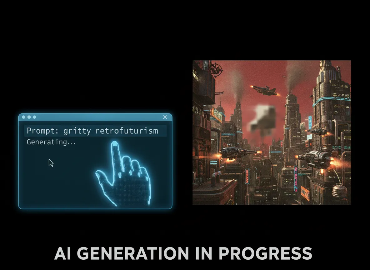 Una grafica animata che mostra un utente che digita un prompt come 'retrofuturismo crudo' e l'immagine AI che cambia in tempo reale.