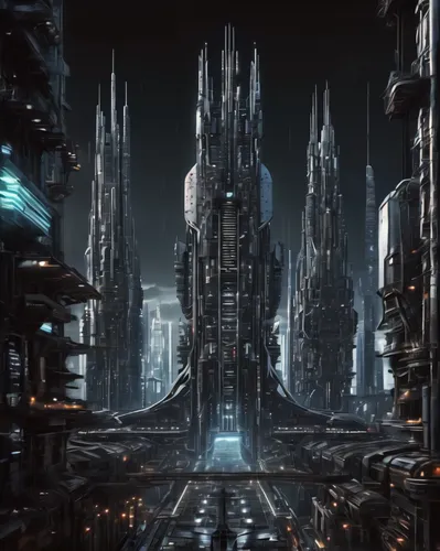 futuristic city, sci-fi city with paramteric skyscrapers, ,cardassia,arcology,cybercity,sulaco,coruscant,black city,primordia,metropolis,deltha,minbari,imperialis,megastructures,areopolis,praetorium,s