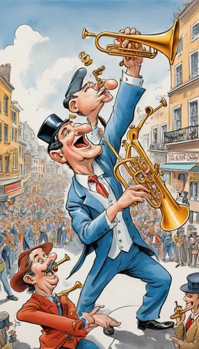 Set a scene in a bustling city where street performers use climbing trumpets to entertain the crowd.,trumpet climber,brass band,trumpeter,flugelhorn,trumpet player,man with saxophone,saxophone playing