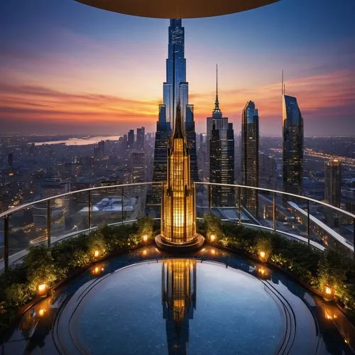 Grand, majestic skyscraper, modern architecture, sleek lines, reflective glass facade, intricate metal framework, towering spire, rooftop garden, luxurious penthouse suite, cityscape, metropolitan sky