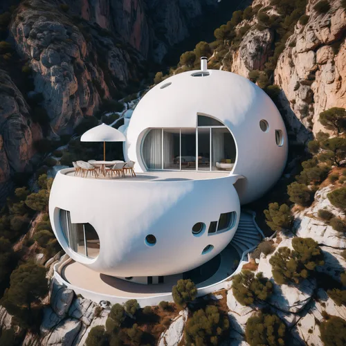 (a house with round lines: 1.2) built into the side of a mountain, a 3D render, unsplash contest winner, hypermodernism, trending on dezeen, white minimalist architecture, beautiful aesthetic design,