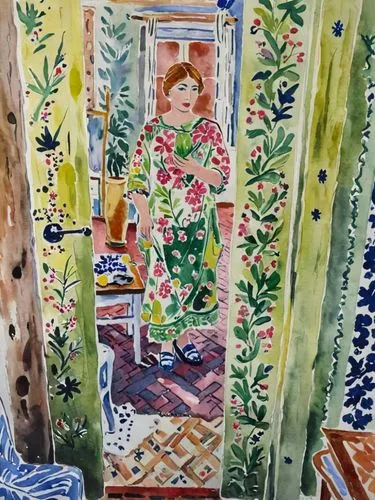 the painting is of a woman in green dress,bedroom window,girl in the garden,girl on the stairs,the girl in the bathtub,gouache,outhouse