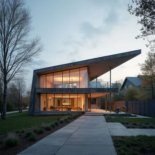 ,an architecturally modern house sits on a driveway,modern house,modern architecture,cantilevers,dunes house,cantilevered,cube house