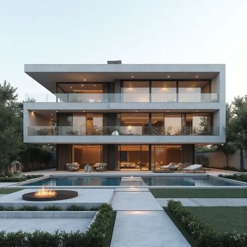 Architecture:
Three-story contemporary modern minimalist luxury villa with three full visible floors, strong horizontal composition, elegant cantilevered volumes, flat roof, clean geometry and timeles