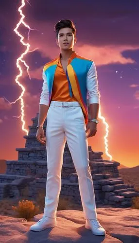 portrait shot man vivid quirky high fashion lightning portrait illusory landscape firey sunset range of colors standing on the edge of ancient ruins at earthrise starry skies before heaven astral phot