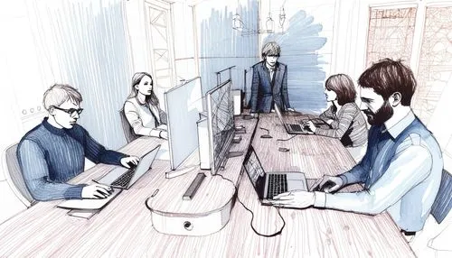 people sitting at desk in an office, one with a laptop and another with a printer,coffeehouse,music studio,online meeting,meeting,songwriters,group work
