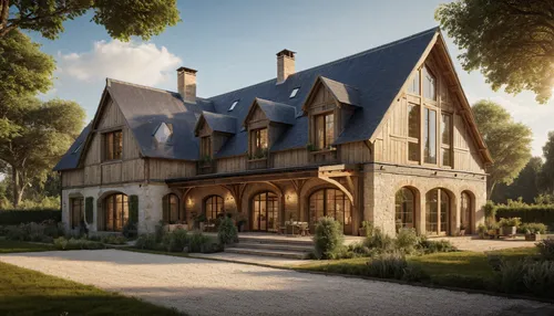 French style modern architecture farm house,super realistic architectural rendering, warm, sunlight rays, atmospheric, design oriented, wood materials, with some industrial elements, rich details, 16k