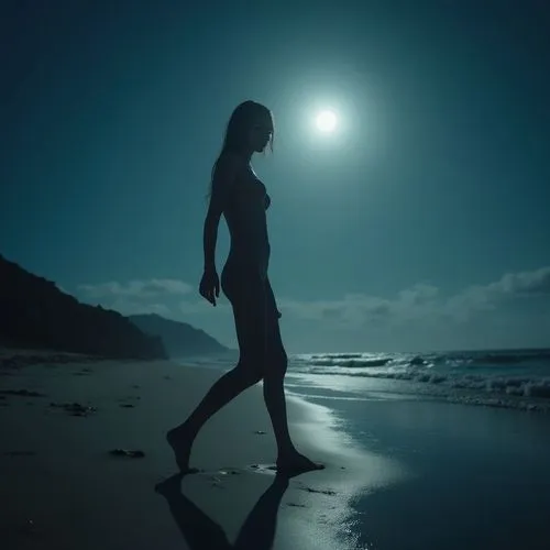 a woman walking on a beach by the ocean at night,dark beach,moonlit,girl on the dune,moonlight,moonlit night,moonwalks,moonwalk,walk on the beach,woman silhouette,moonlighted,sleepwalker,nightdress,me