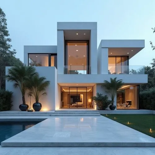 A hyper-realistic, high-resolution architectural photograph capturing a grand, ultra-modern luxury mansion at twilight. The building’s façade is composed of smooth white stone panels contrasted with s