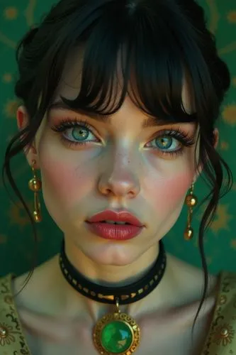 ultra-realistic, london girl, hairstyle, beautiful model, green Gemstone Crystal-Like Eyes, facing camera, 22 years old, choker with magical medallion, leaning forward, close up face, glossy lipstick,