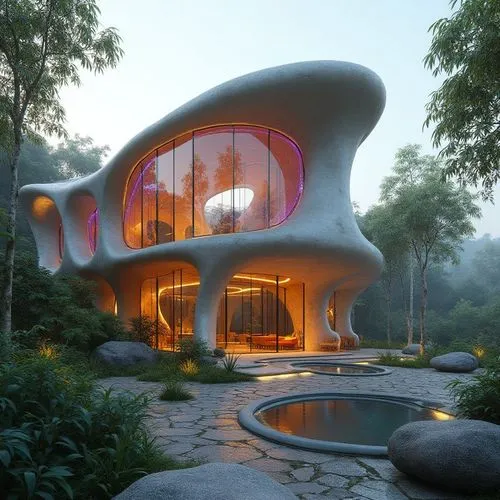 A detailed 3D render: An imposing, futuristic home, designed by Roberto Gómez Castro, stands tall. His signature, a kaleidoscope of orange and purple, is highlighted by his large stained-glass windows