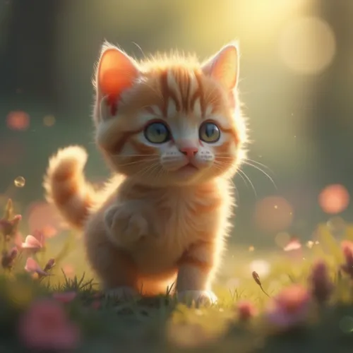 kitten chasing a butterfly,a little orange kitten walking across a field of flowers,ginger kitten,blossom kitten,ginger cat,orange tabby cat,cute cat,orange tabby