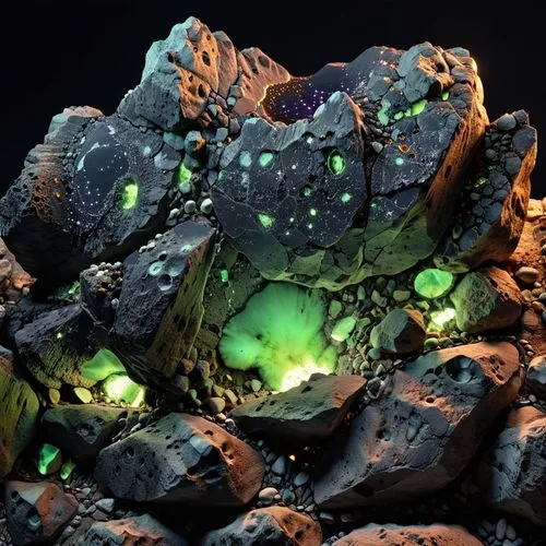 roccia spaccata nera con all'interno minerali  fluorescenti ,some rocks that have green lights on them,geode,fractal environment,mushroom landscape,stone background,corona virus,lava stones