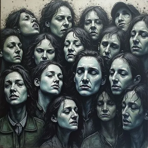 some people are shown from above with their heads painted on,servicewomen,furies,wall of tears,clones,deaconesses,oil painting on canvas,multiplicity,widows,faces,repulsion,prisoners,the girl's face,d