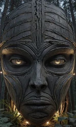 a surreal looking face in the woods with light on,totem,alien warrior,shaman,tree face,matriarch,wooden mask,tree crown,guardian,tribal,avatar,extraterrestrial,shamanic,forsworn,ancestor,totem pole,se