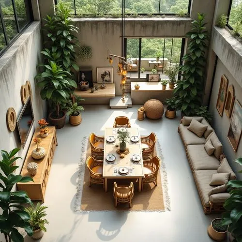 An eco-friendly studio apartment interior, bamboo made chairs and center table, concrete walls and decorated in greenery and flowers, green roof , with opulent ambience. atmosphere is Fall, with a uni