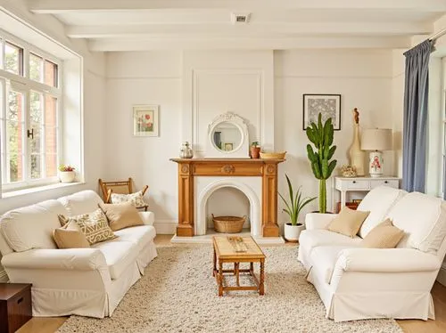 there are two white couches in the room,sunroom,sitting room,family room,living room,bay window,home interior