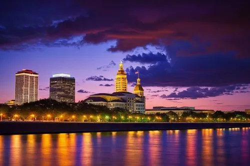 Baton Rouge cityscape, modern architectural designs, sleek skyscrapers, reflective glass windows, steel beams, urban landscape, vibrant nightlife, neon lights, bustling streets, Louisiana State Capito