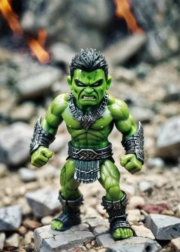 Criar guerreiro muito forte, sem camisa, com muita raiva, olhos com brilho intenso na cor verde, braços carregados de energia em verde, chão com entulhos e pedras,an action figure in a green outfit,av