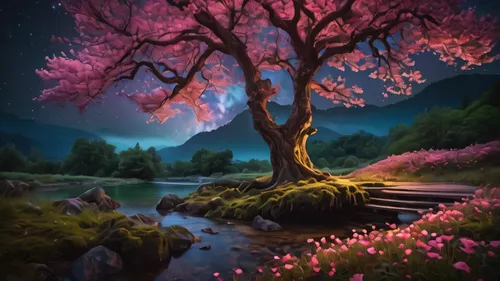 magical night sky, ethereal forest, glowing stream, soft lighting, beautiful scenery, masterpiece, high quality, stunning graphics, extremely detailed, grand landscape, garden, flowers, clouds, night 