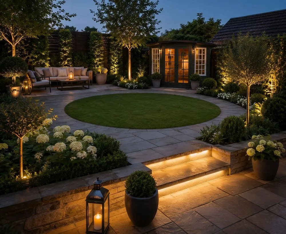 landscaped backyard with lighting and seating around a circular lawn