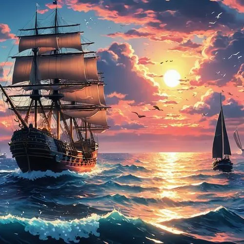 Anime Scenery Sunset 4k Anime Landscape Wallpaper 4k 3840x2160 Wallpaper Teahub Io,two ships in the ocean as the sun sets,sea sailing ship,sailing ship,sailing ships,sail ship,galleon ship,sailing,sea