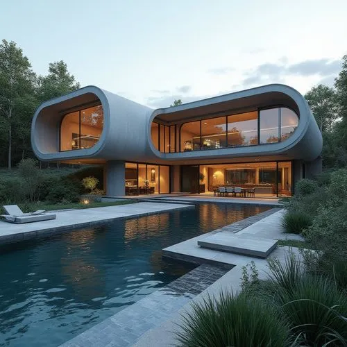 Create a futuristic luxury villa with an angular design, metallic finishes, and an underground entertainment area,a home that is designed in the shape of a fish bowl,modern architecture,futuristic arc