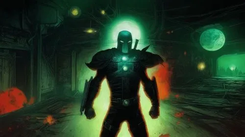 COMIC STYLE, COMIC ART, awesome dark COMIC ARTWORK ,a man in futuristic suit standing on a dark room,sci fiction illustration,necromancer,portal,nebula guardian,game illustration,incinerator,terminato