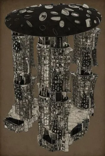 a Modern Building,an artwork piece of a futuristic city that looks like it has been built,percolator,mushroom landscape,mushroom island,insect house,retro lampshade,stool,chandelier,cooling towers,scr