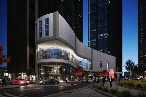 A digital rendering of a futuristic building with a curved glass facade at night. the building is situated in the middle of a busy city street, surrounded by tall skyscrapers. The and the street is il