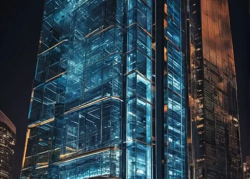 Modern skyscraper, sleek glass facade, metallic frames, intricate details, LED lights, cityscape background, busy streets, night scene, dramatic spotlighting, low-angle shot, cinematic composition, ur