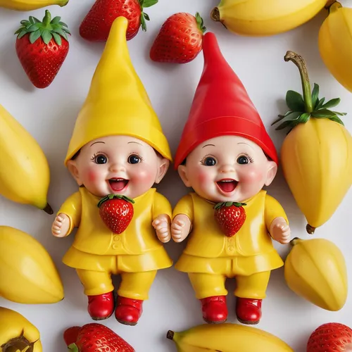2 small plastic dolls, with a face and body made of plastic, wear a yellow shirt, wear red pants, wear a red fabric hat like a gnome's, and wear red shoes, sit on a large yellow banana, and laugh, hol