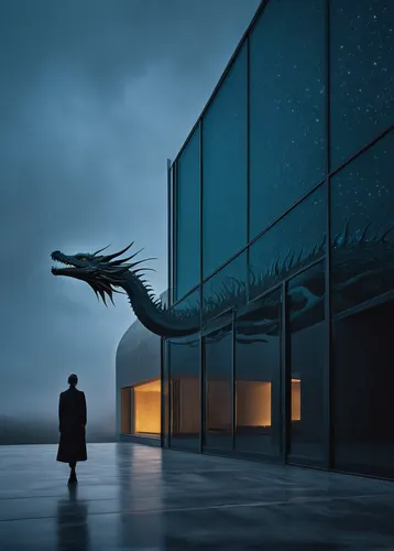 A modern architectural building infused with the swirling cosmic colors of Vincent van Gogh's Starry Night and the surreal celestial precision of Salvador Dali comes to life. The precision of building